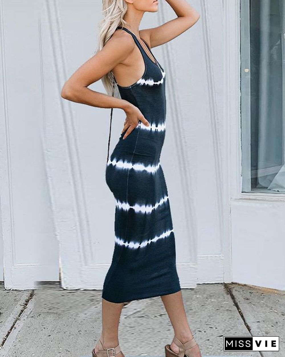 Tie Dye Striped Slim Fit Casual Midi Dress