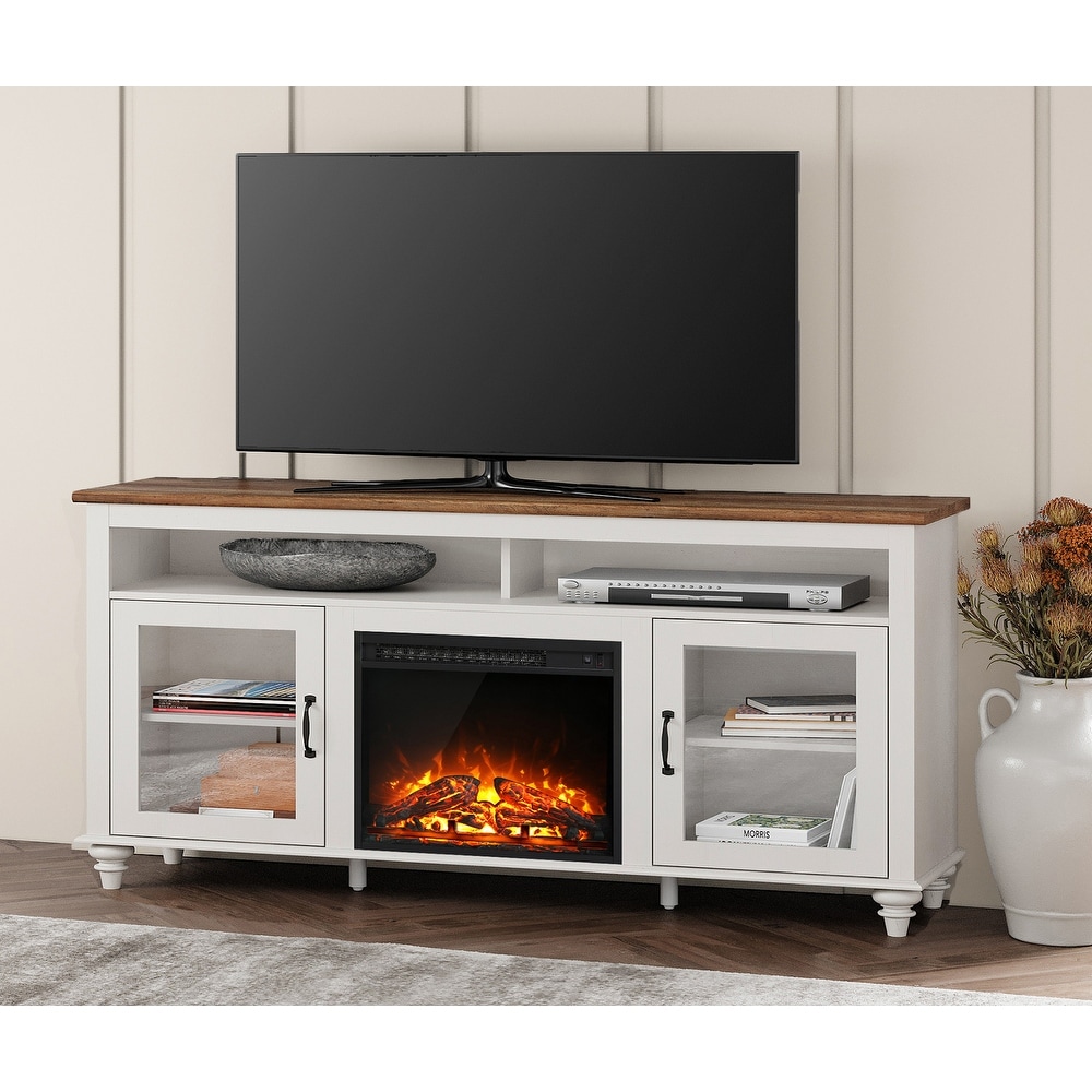 Fireplace TV Stand for Up to 75 Inch TV  Farmhose Entertainment Center with 18'' Electric Fireplace Sliding Barn Door