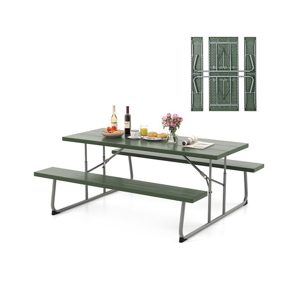 Folding Picnic Table Set with Metal Frame and AllWeather HDPE Tabletop，Umbrella Hole