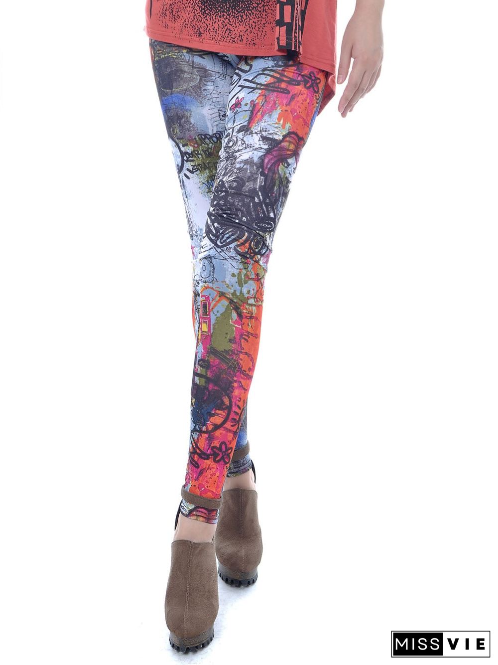 Womens Graffiti Multicolor Skinny Long Pants