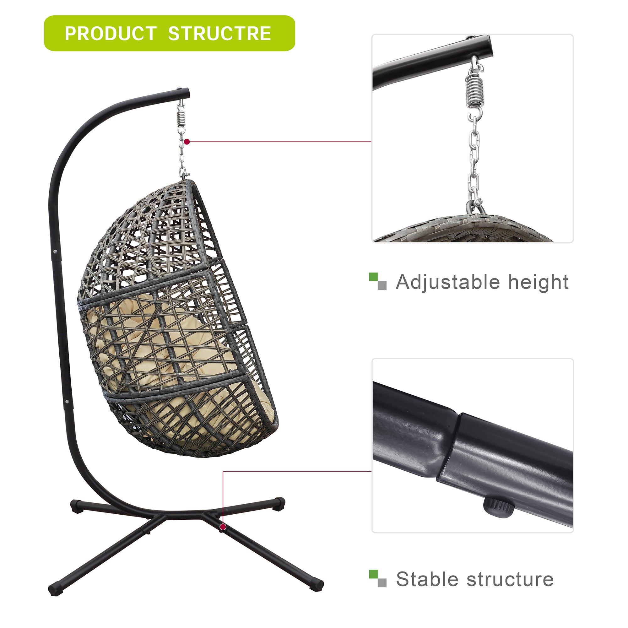 Arttoreal Wicker Basket Swing Chair, Hanging Egg Chairs with Durable Stand and Waterproof Cushion for Outdoor Patio, Khaki