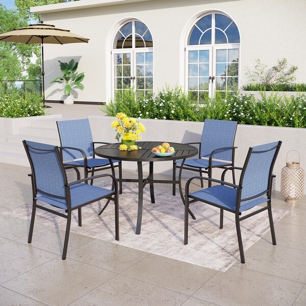 MAISON ARTS 5Piece Patio Dining Set，Geometrically Stamped Round Table and 4 Textilene Dining Chairs