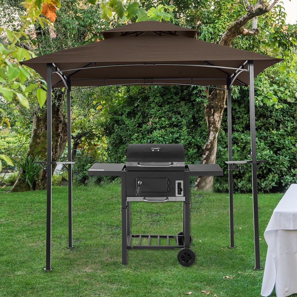 Brown Modern 8 x 5 ft BBQ Grill Gazebo   Season Outdoor Shelter Tent with Double Tiered Canopy and Steel Frame