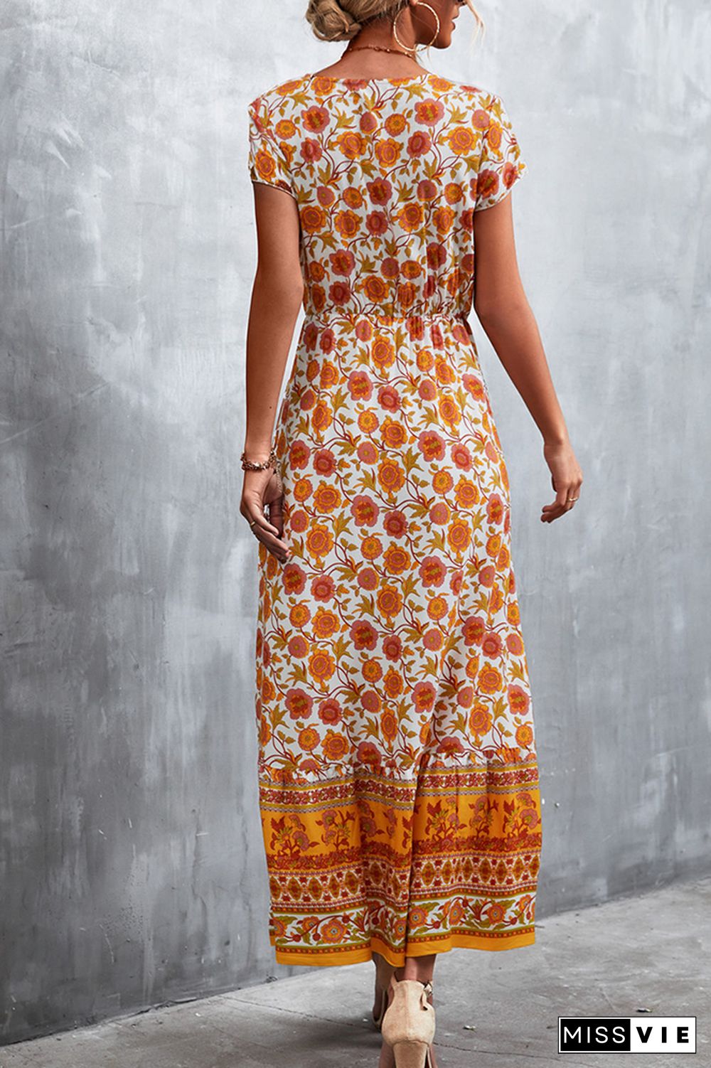 Floral Print Short Sleeve Long Dress Wholesale