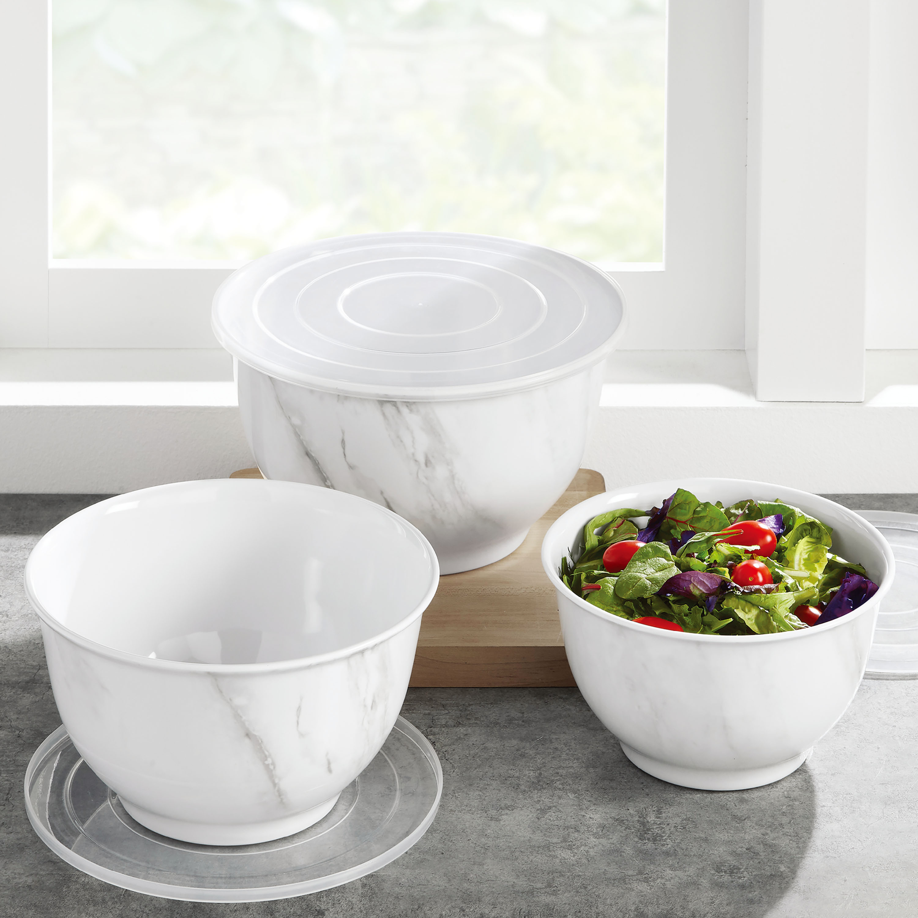 Better Homes and Gardens 6-Piece Melamine Serving Bowl Set with Lids， White Marble Print