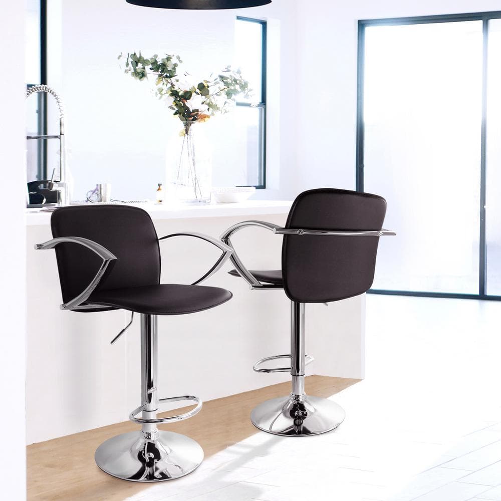 Elama 2-Piece Adjustable Faux Leather 34.25 in. Black Low Back Metal Bar Stool with Chrome Arm Rests and Base 985116748M