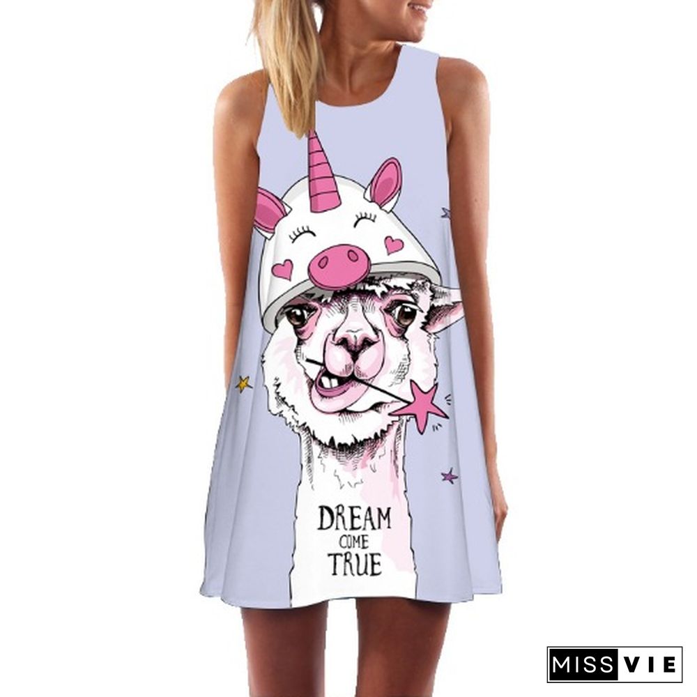 Digital Print Pullover Sleeveless Mid-length Skirt Sexy Dress