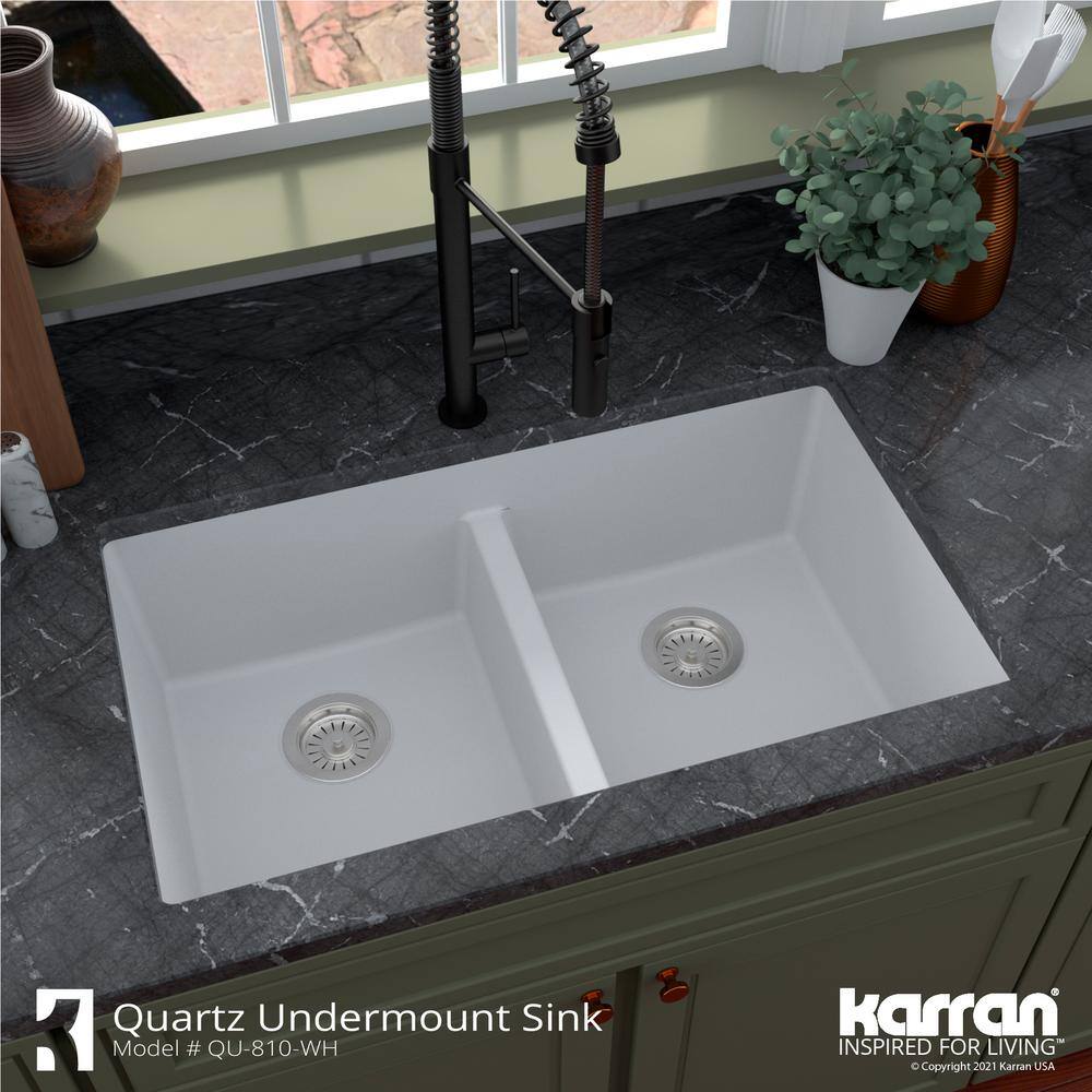 Karran Quartz White 32 in. 5050 Double Bowl Composite Undermount Kitchen Sink QU-810-WH