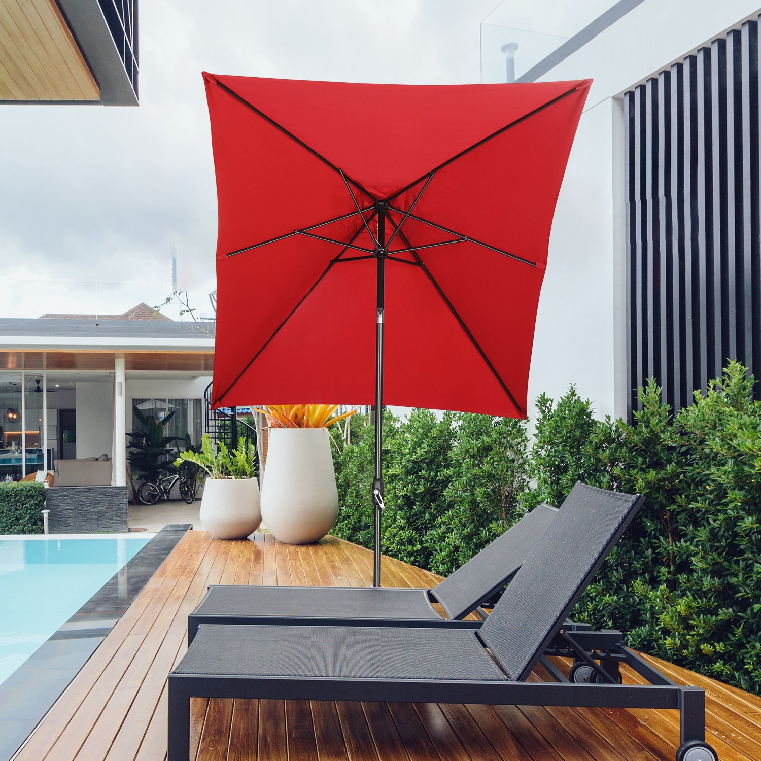 Wesfital 10' Rectangular Patio Lawn Market Umbrella Outdoor Table Umbrellas Market Center Umbrellas with Push Button Tilt for Garden, Lawn & Pool,Red