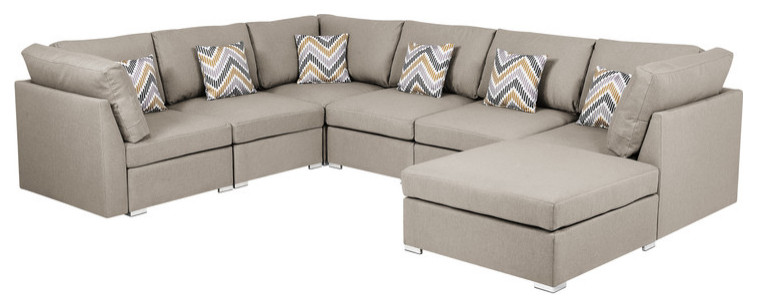 Amira Beige Fabric Reversible Modular Sectional Sofa with Ottoman and Pillows   Contemporary   Sectional Sofas   by Morning Design Group  Inc  Houzz