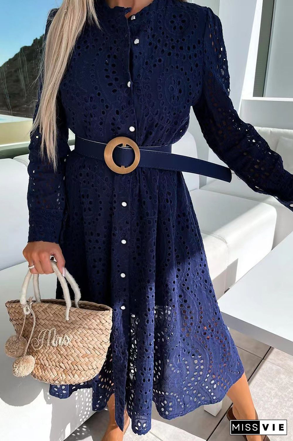 Casual Solid Lace O Neck Shirt Dress Dresses