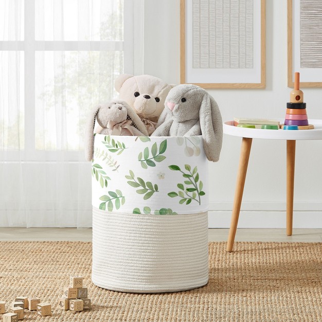 Sweet Jojo Designs Woven Cotton Rope Laundry Hamper Decorative Storage Basket Botanical Leaf Green And White