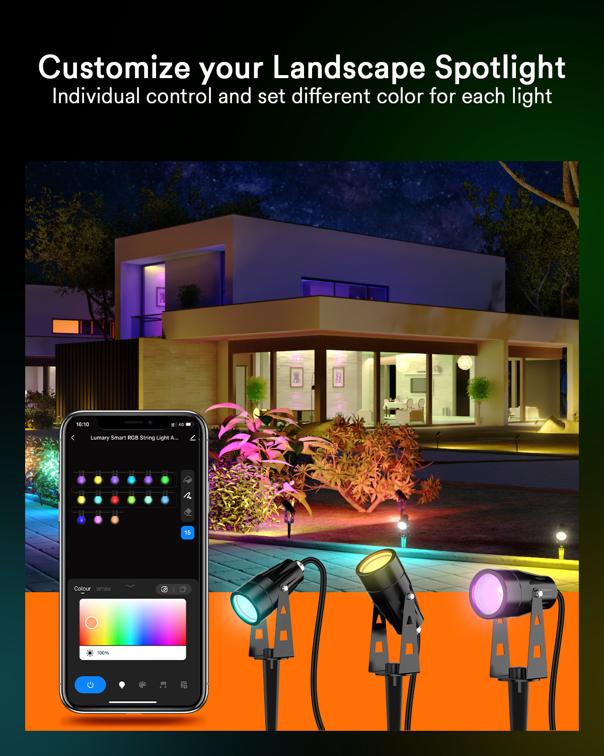 Lumary 56Ft Smart Landscape Lights Waterproof RGBAI Color Changing Landscape Spotlight WiFi APP/Voice Contro（1*6 Pack）