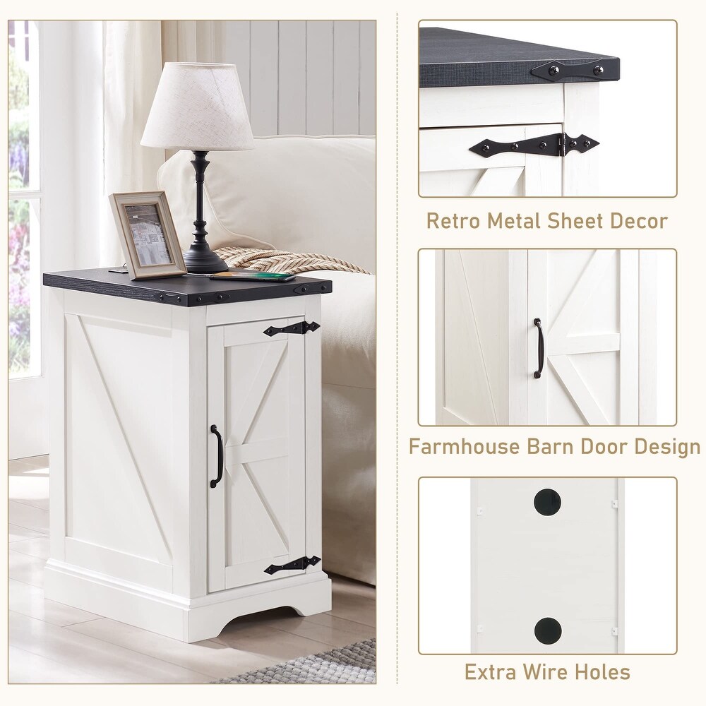 Nightstand with Charging Station  Rectangular Farmhouse End Table with Barn Door and Adjustable Storage Shelf