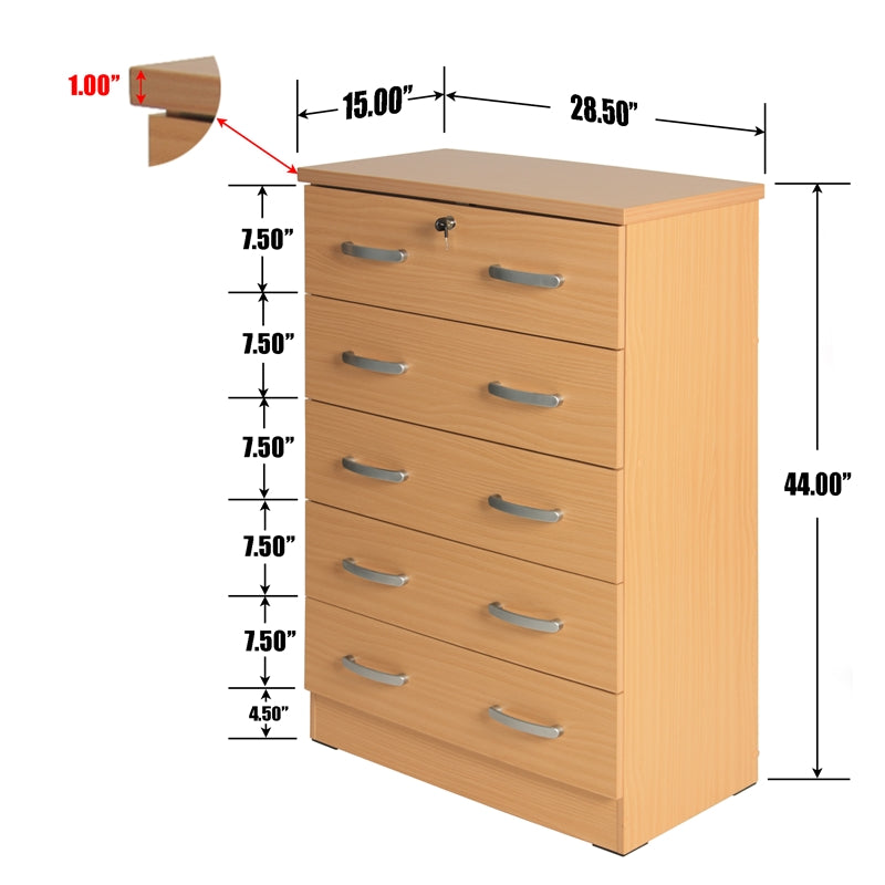 Pemberly Row Modern 5 Drawer Chest Wooden Dresser with Lock Beech (Maple)