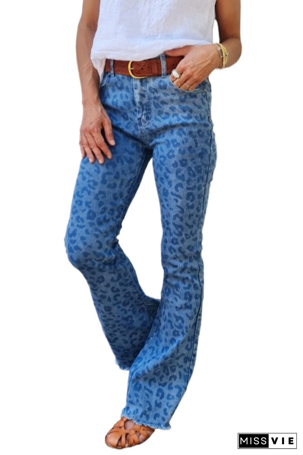 Sky Blue Leopard Print Raw Hem High Waist Flare Jeans