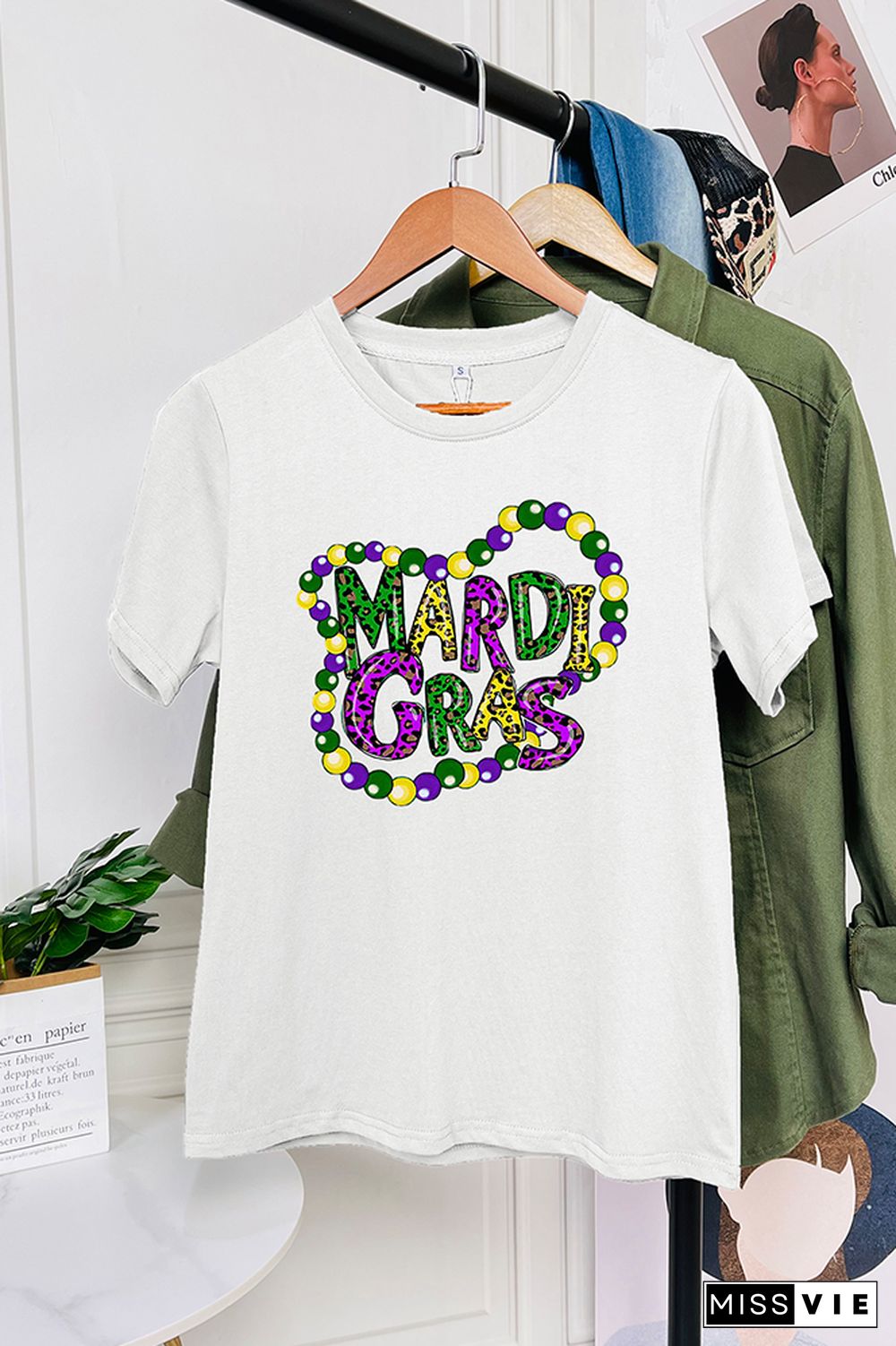 Mardi Gras Letter Print Short Sleeve Graphic Tee Wholesale