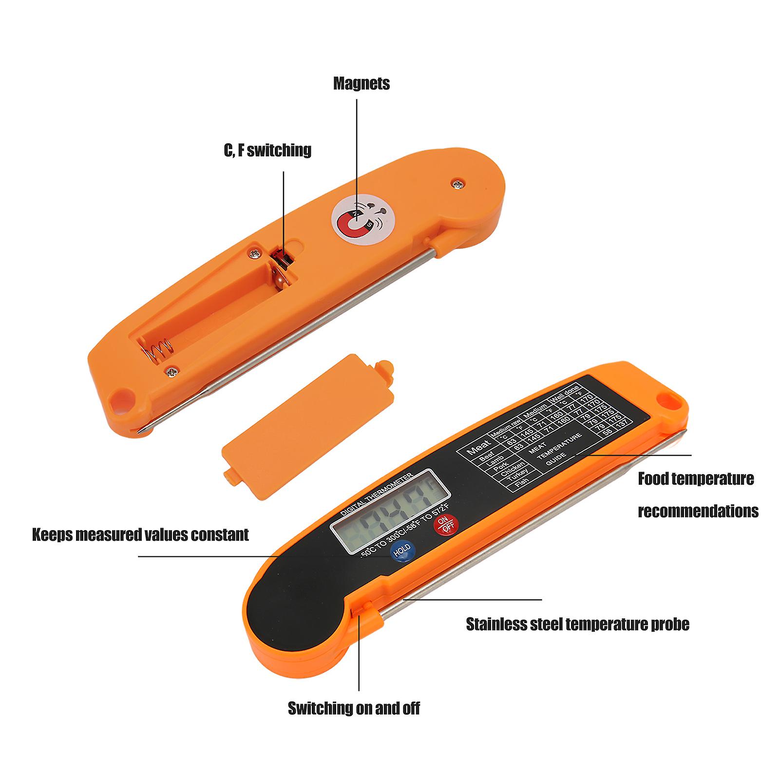 Digital Meat Thermometer， Waterproof Instant Read Food Thermometer With Foldable Probe Food Temperature Tester For Cooking Grilling Bbq[orange]