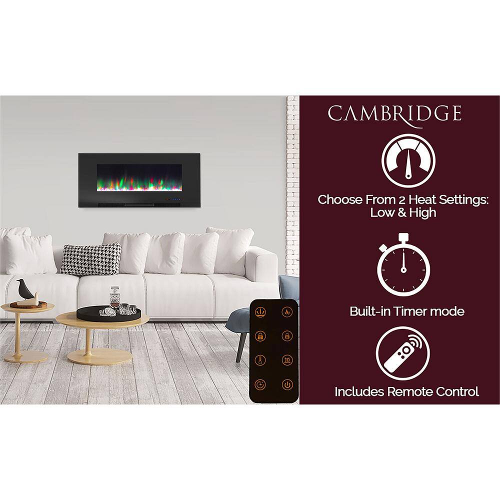 Cambridge 42 in. Wall-Mount Electric Fireplace in Black with Multi-Color Flames and Crystal Rock Display CAM42WMEF-1BLK