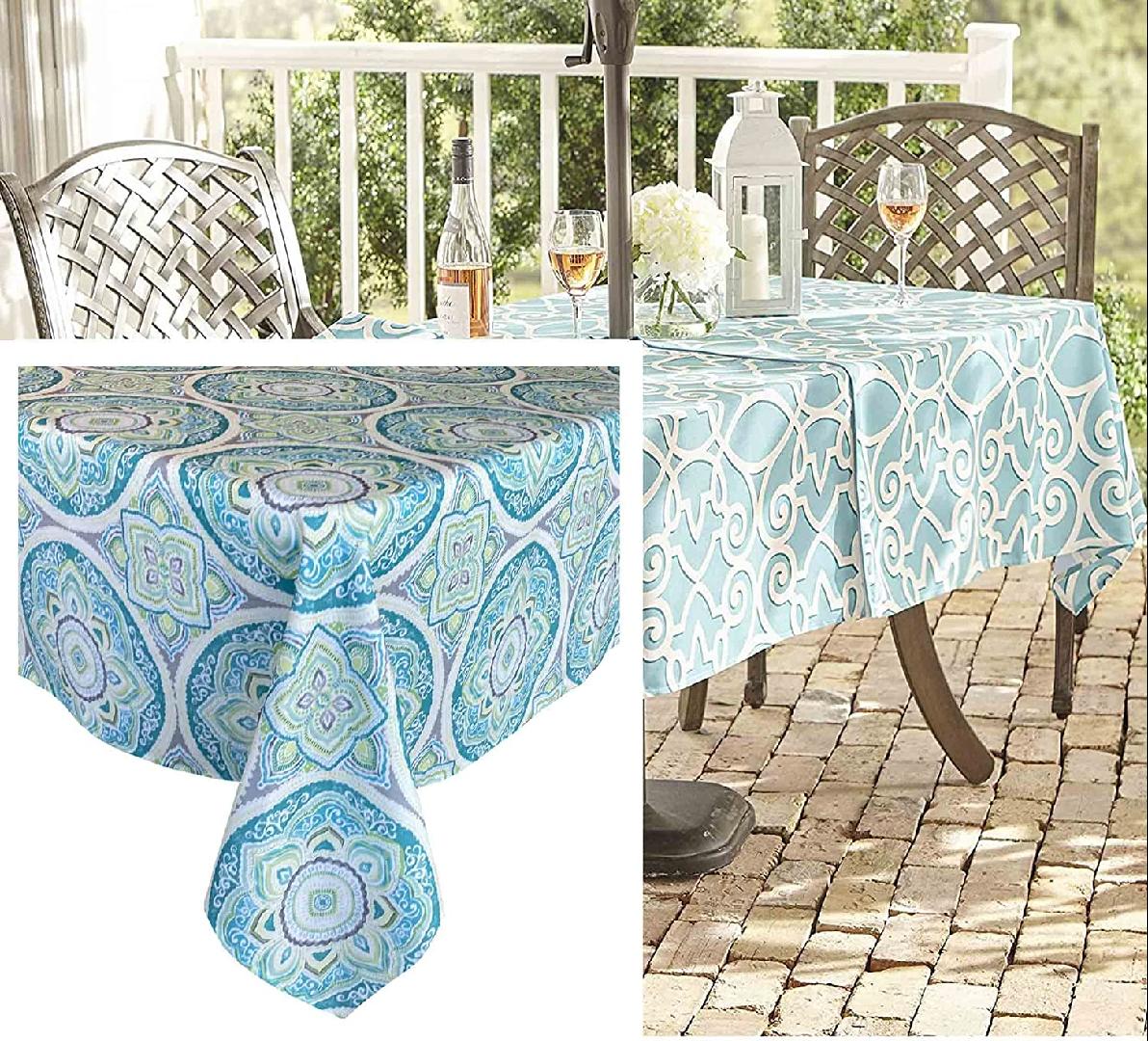 Santorini Sea Glass Mosaic Indoor/Outdoor Fabric Tablecloth - Mediterranean Medallion Stain, Water Resistant Heavy Weight Tablecloth, 60 X 84 Oblong Zippered Patio Umbrella Tablecloth