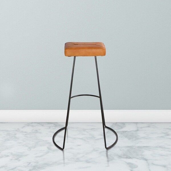 32 Inch Modern Bar Stool， Genuine Leather Seat， Metal Frame， Button Tufted， Tan Brown， Black - 21.5 L x 19 W x 31.7 H Inches