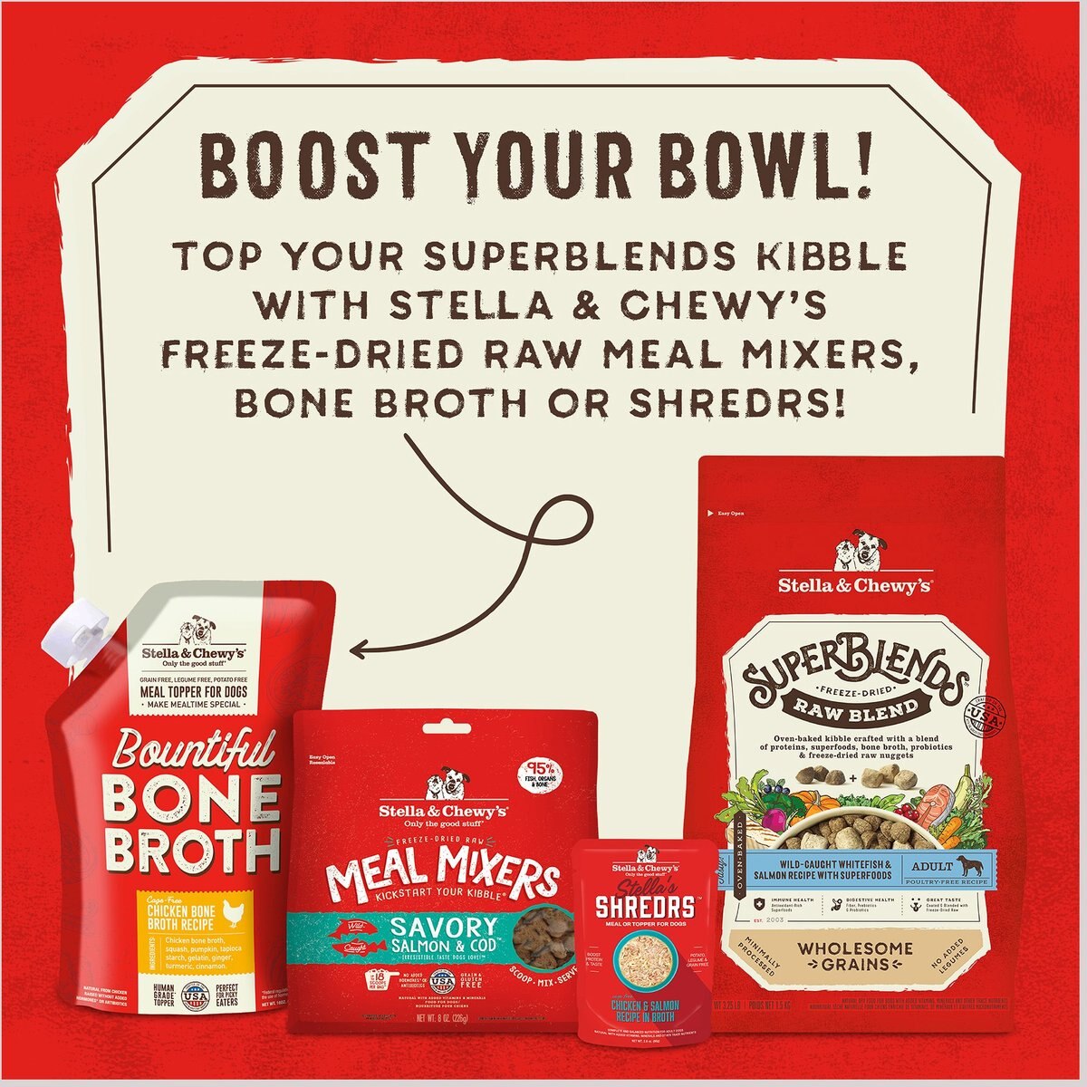 Stella and Chewy's SuperBlends Raw Blend Wholesome Grains Wild-Caught Whitefish and Salmon Recipe with Superfoods Dry Dog Food