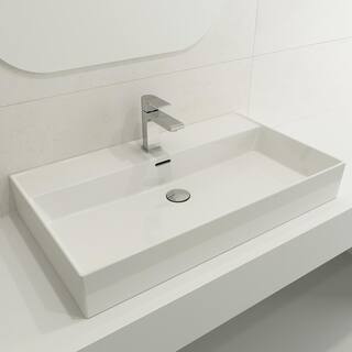 BOCCHI Milano Wall-Mounted White Fireclay Rectangular Bathroom Sink 32 in. 1-Hole with Overflow 1377-001-0126