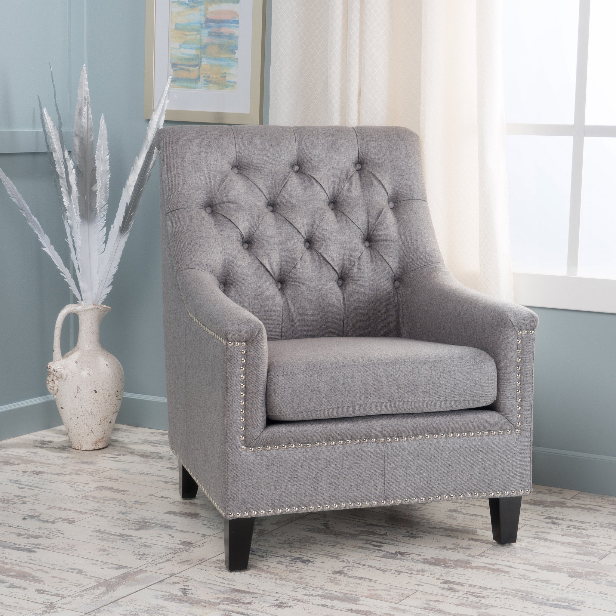 Ailsa Contemporary Button Tufted Fabric Club Chair with Nailhead Trim