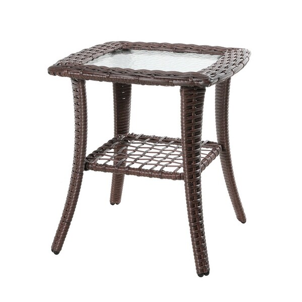 Patio Watcher Outdoor PE Rattan Side Table with 5mm Tempered Glass Top