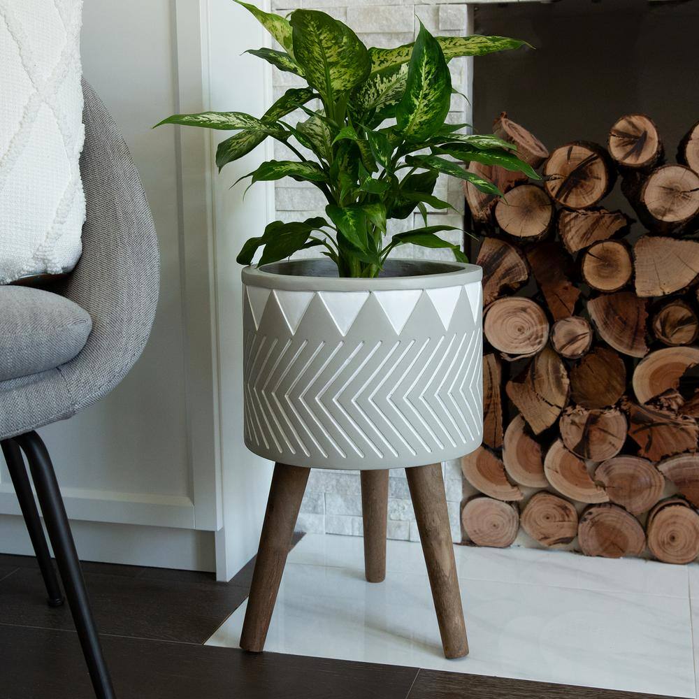 Flora Bunda Mid-Century 12 in. Fiberglass Pot with Wood Stand Planter CTF307E-MTGY