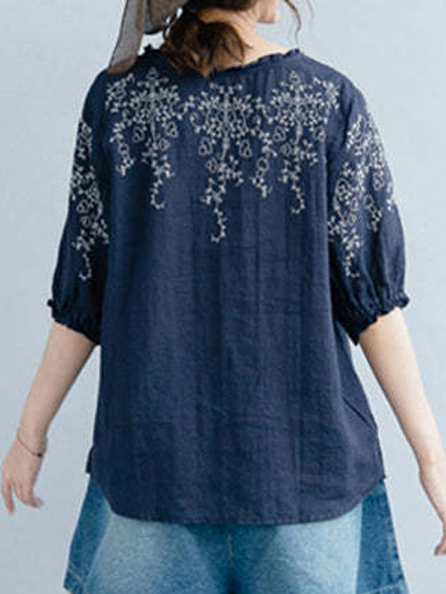 Round Neck Casual Loose Embroidered Short Sleeve Blouse