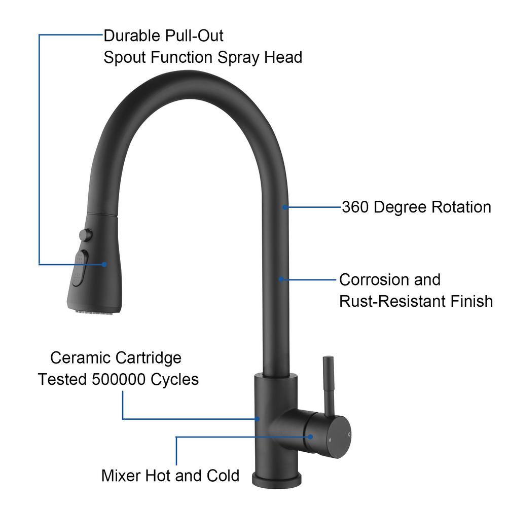 FORCLOVER Single-Handle Pull Out Sprayer Kitchen Faucet in Matte Black in Spot FRIMFTH17MB