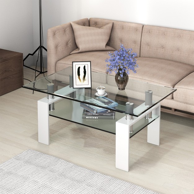 Costway Rectangle Glass Coffee Table Metal Legs End Table Livingroom White black coffee nature