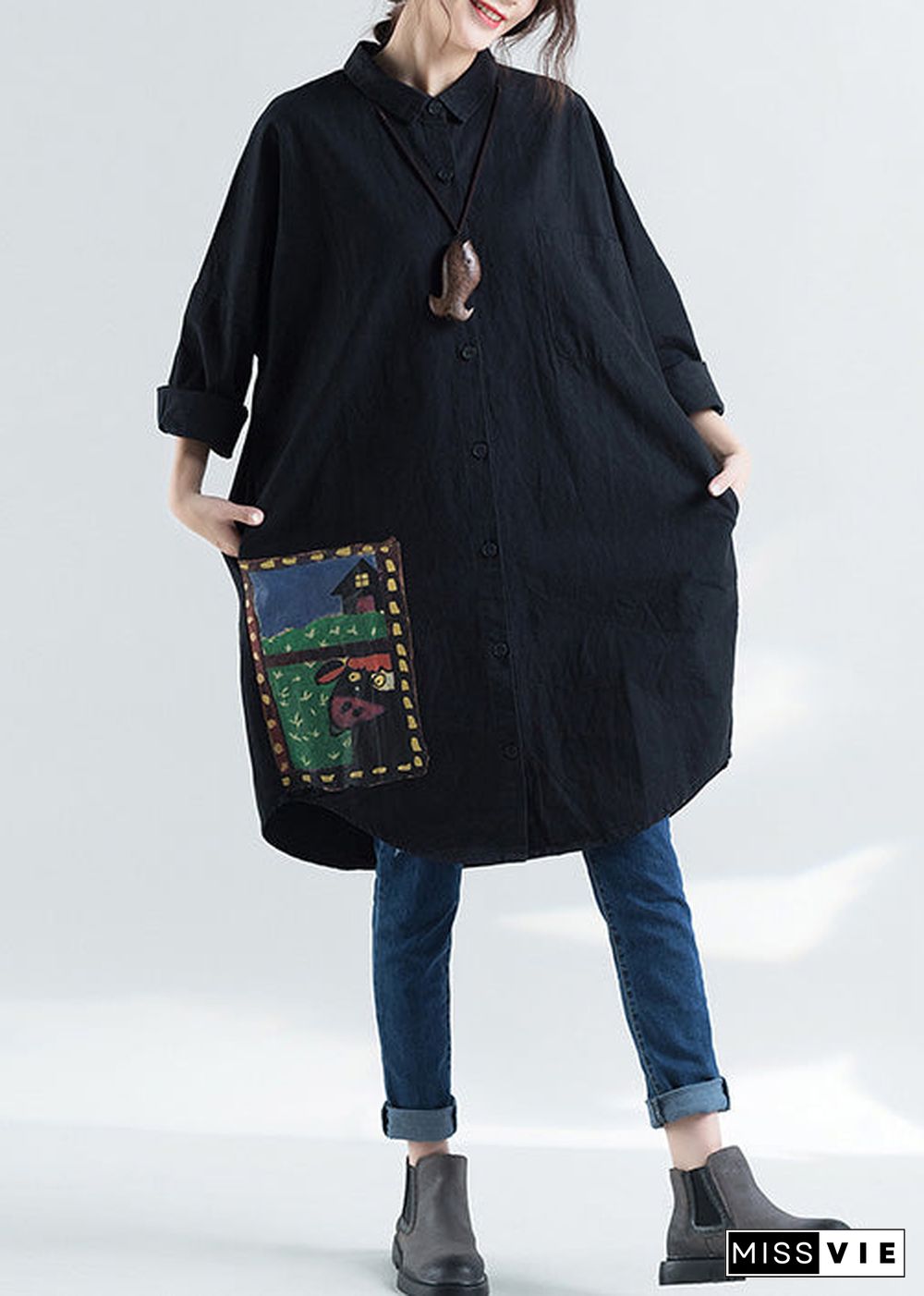 Elegant lapel print cotton tunic pattern Plus Size design black Knee shirts spring