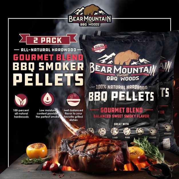 Bear Mountain Fk99 Premium All Natural Low Moisture Hardwood Smoky Gourmet Blend Bbq Smoker Pellets For Outdoor Grilling 20 Pound Bag 2 Pack