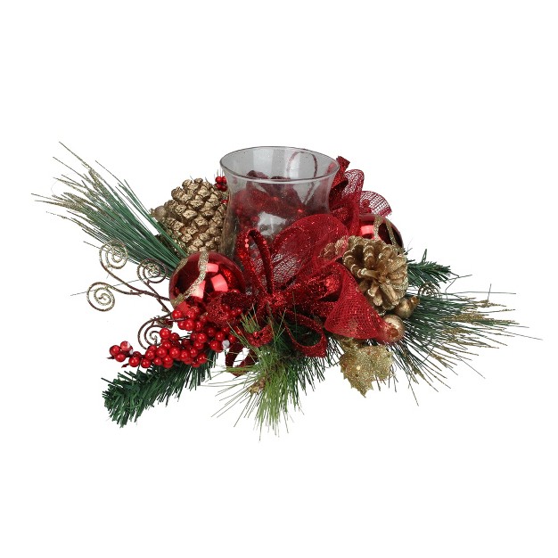 Pine And Berry Christmas Hurricane Pillar Candle Holder Green red