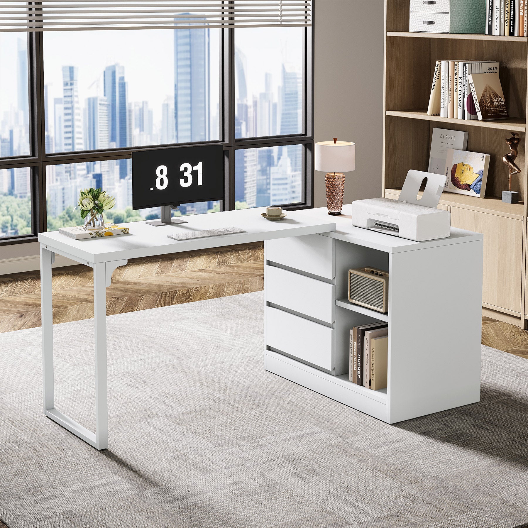 L-Shaped Computer Desk, Reversible Corner Desk With Drawer Cabinet