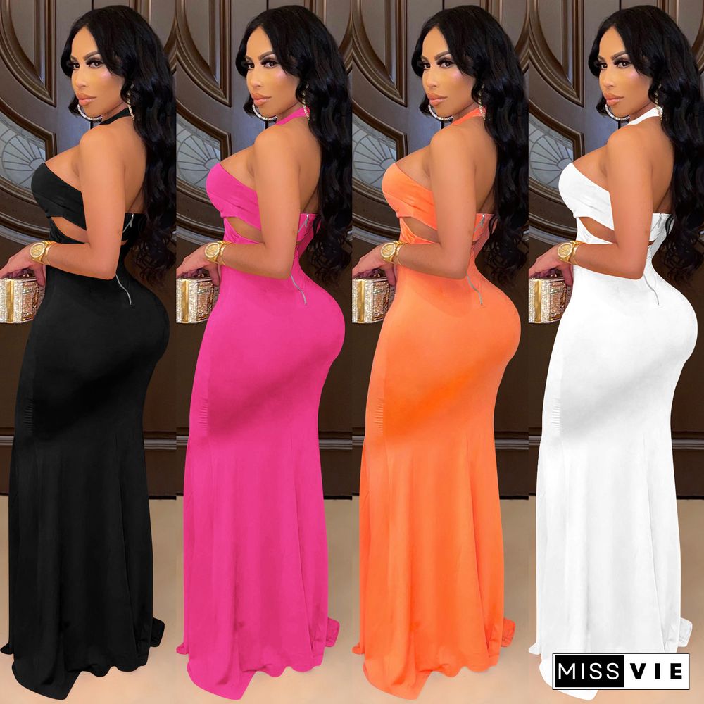 Off-the-shoulder Solid Color Sexy Zipper Open Back Long Dress