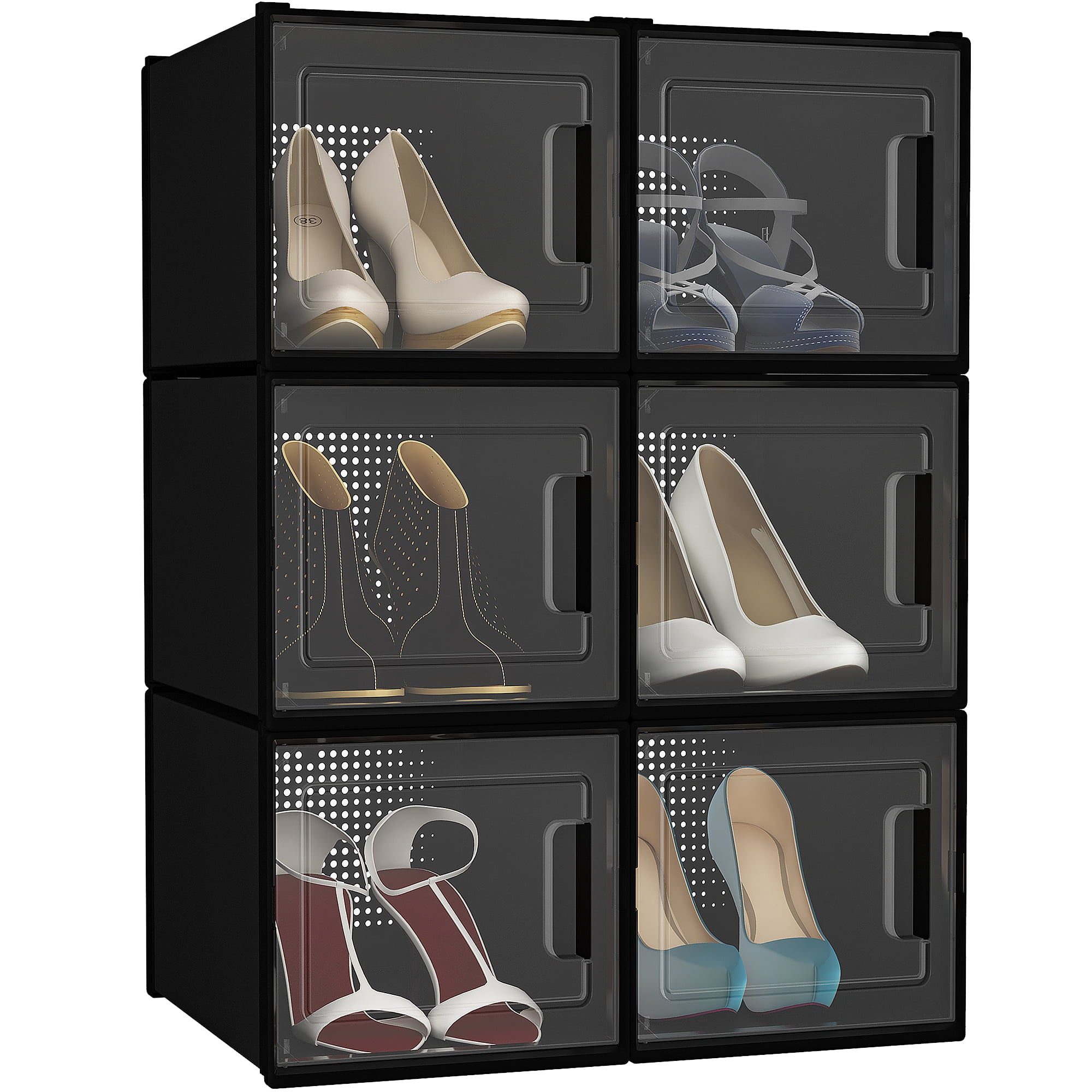 YITAHOME 6PCS Shoe Box Storage Organizer Stackable High Heel Rack Clear Cabinet Foldable Sneaker Box Men Women Kids， Black