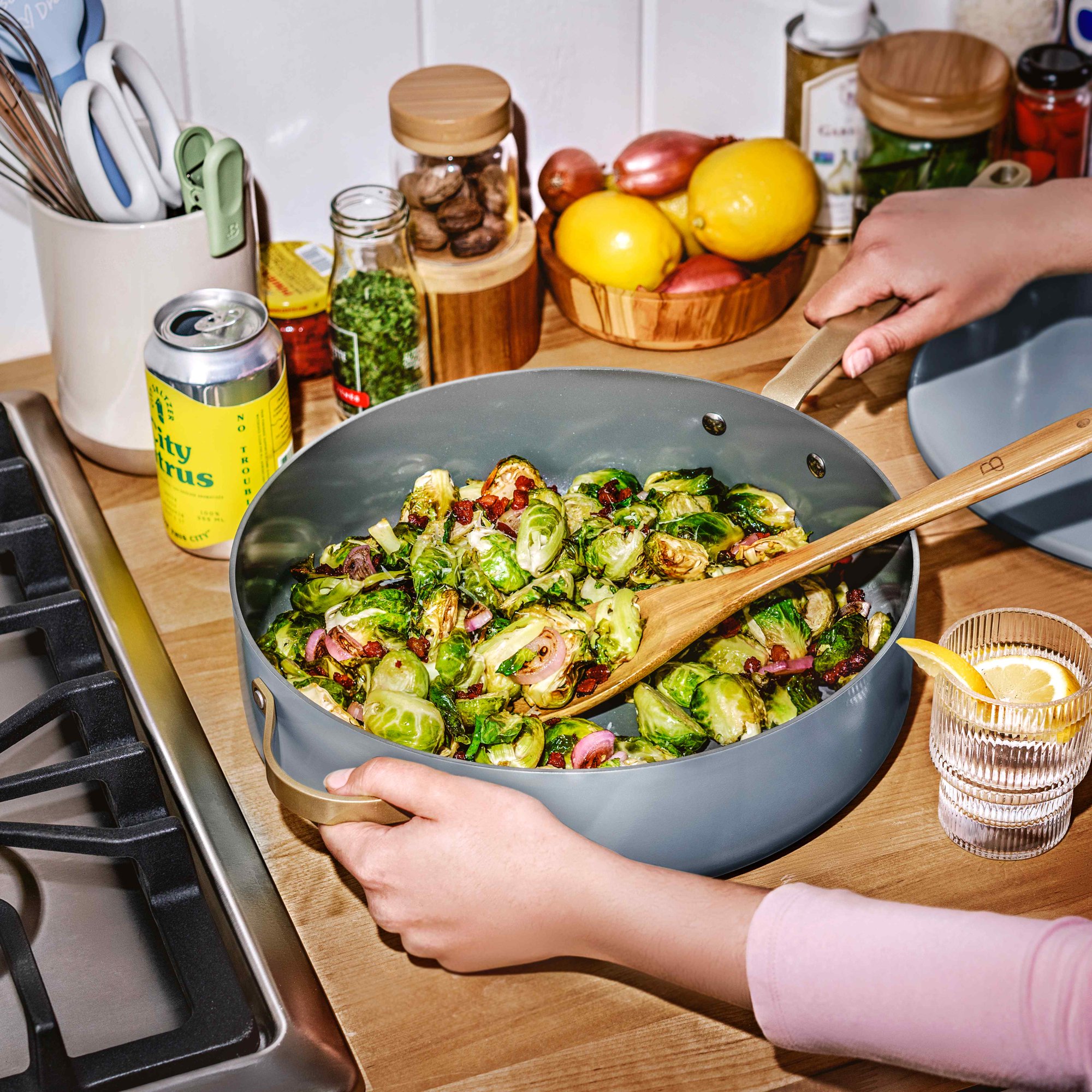 Beautiful 5.5 Quart Ceramic Non-Stick Saute Pan， Cornflower Blue by Drew Barrymore