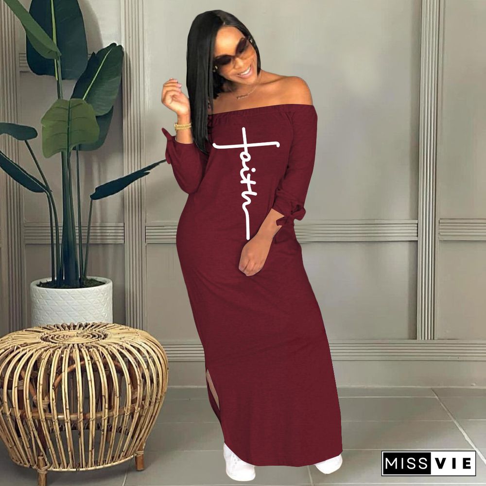 Long Sleeves Faith Letters Off Shoulder Dresses