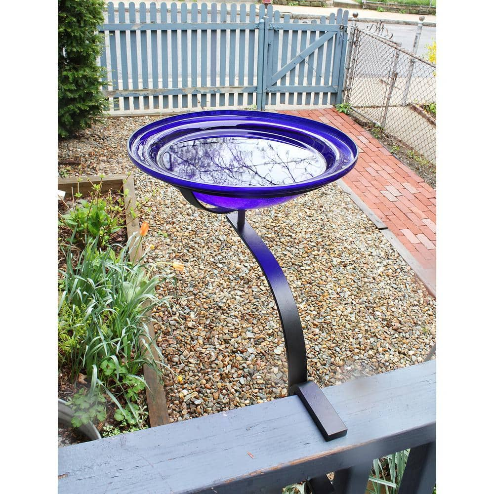 Achla Designs 12.5 in. Dia Cobalt Blue Reflective Crackle Glass Birdbath Bowl with Rail Mount Bracket CGB-01CB-RM