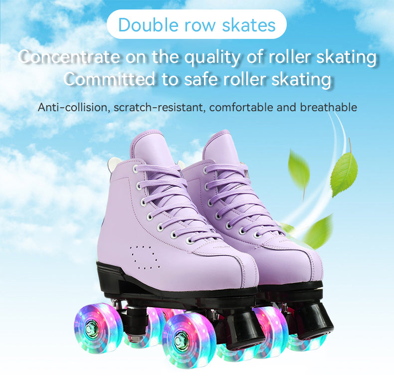 PU Leather Roller Skates， High-Top Design， Roller Artistic with Double-Row Shiny Wheels for Women and Men， Purple， Size 6.5