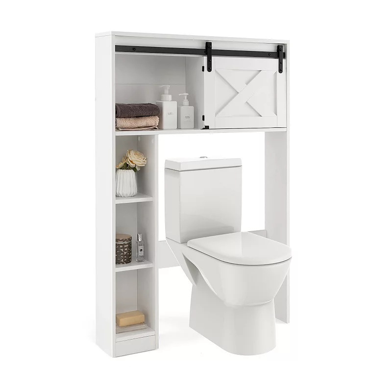 4-Tier Over The Toilet Storage Cabinet with Sliding Barn Door and Storage Shelves