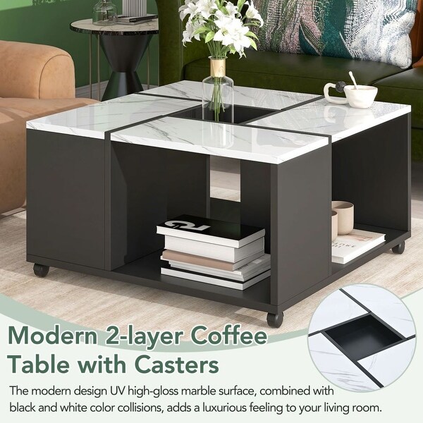 Modern Square 2layer Coffee Table with Casters and Removable Tray