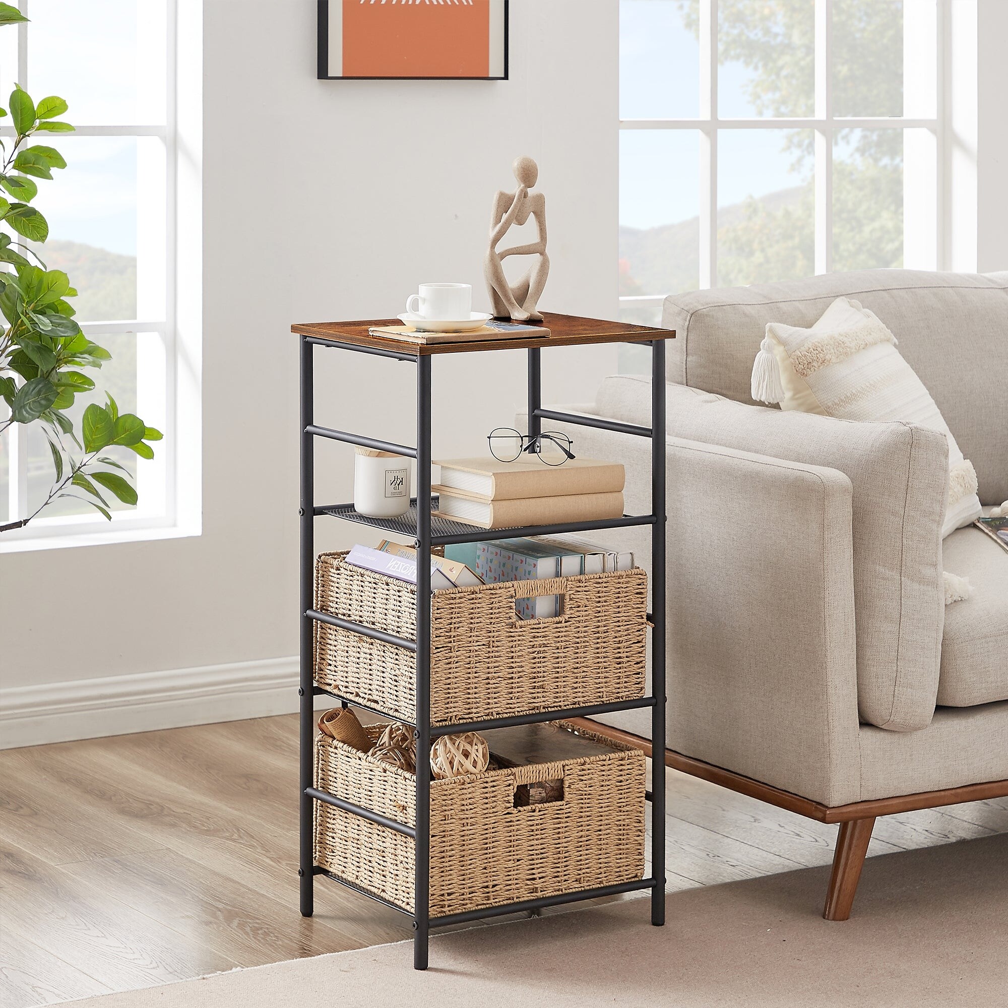 Industrial 4-Tier End Table with Mesh Shelves and 2 Wicker Storage Basket， Brown