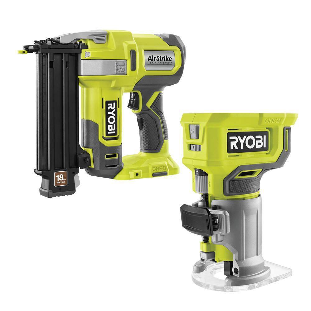 RYOBI ONE+ 18V 18-Gauge Cordless AirStrike Brad Nailer with Compact Fixed Base Router (Tools Only) P321-PCL424B