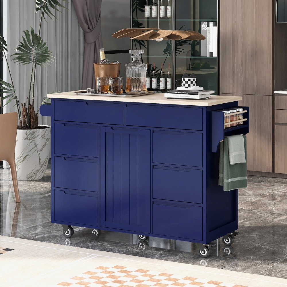 Kitchen Cart with Wood Countertop  Kitchen Island Has 8 Handle Free Drawers