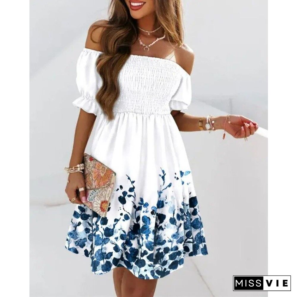 Summer Boho Beach Dress Women Short Sleeve Neck Waist Pleated Print Dress Vestidos De Mujer