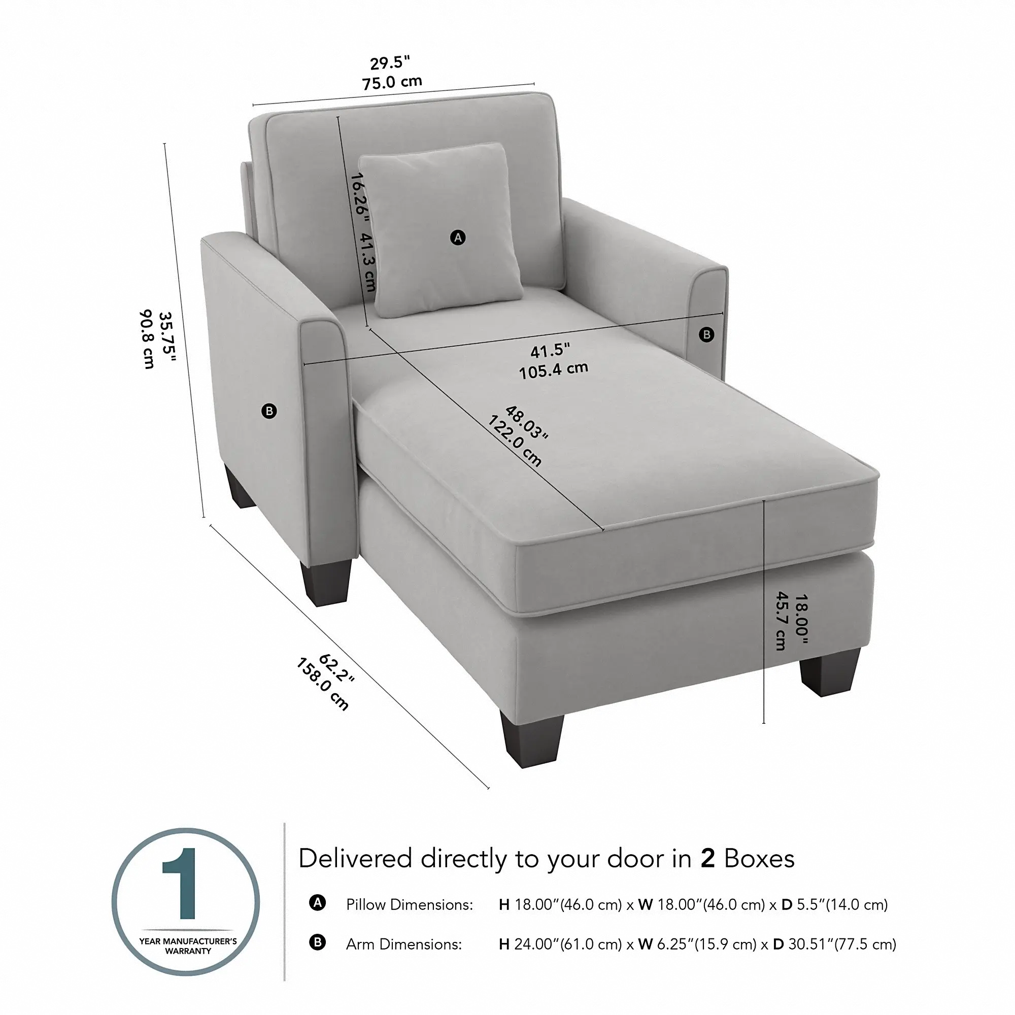 Flare Light Gray Microsuede Chaise Lounge with Arms - Bush Furniture